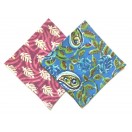 Set of 2 Block Print & Floral Cotton Pocket Square Handkerchief Pink Blue 13"